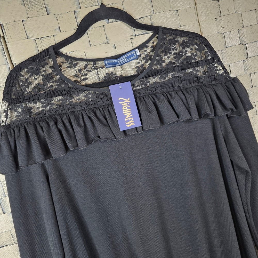 Highness Lace Ruffle Tunic Top Women L/XL Black Long Sleeve Gothic Witchy Grunge